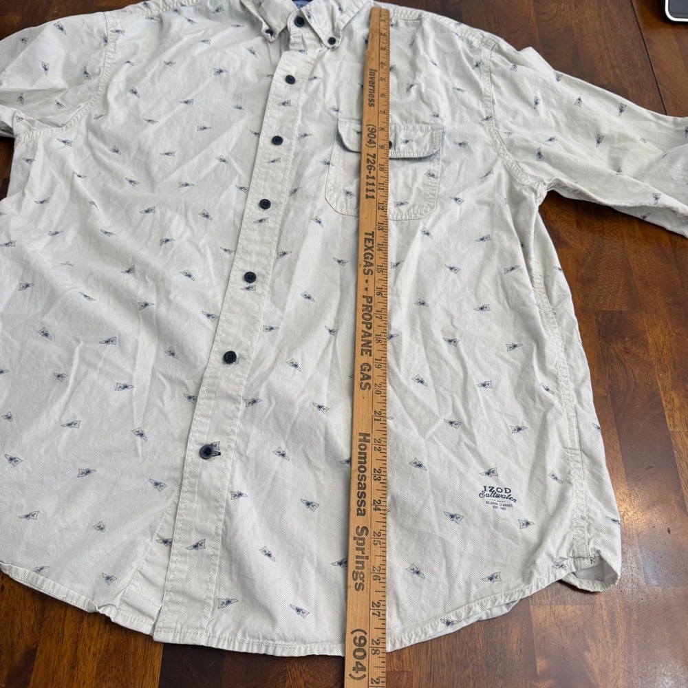 IZOD Saltwater Mens Large Cream Herringbone Pennant Flag Button Down Shirt L - Picture 7 of 9